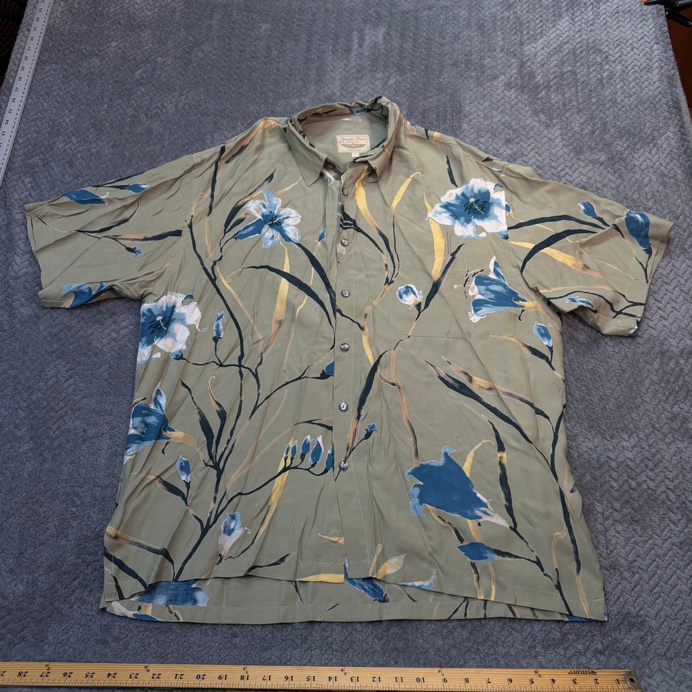 Straight Down Shirt Mens XL Relaxed Green Blue Floral Rayon USA Vintage 90s 1245